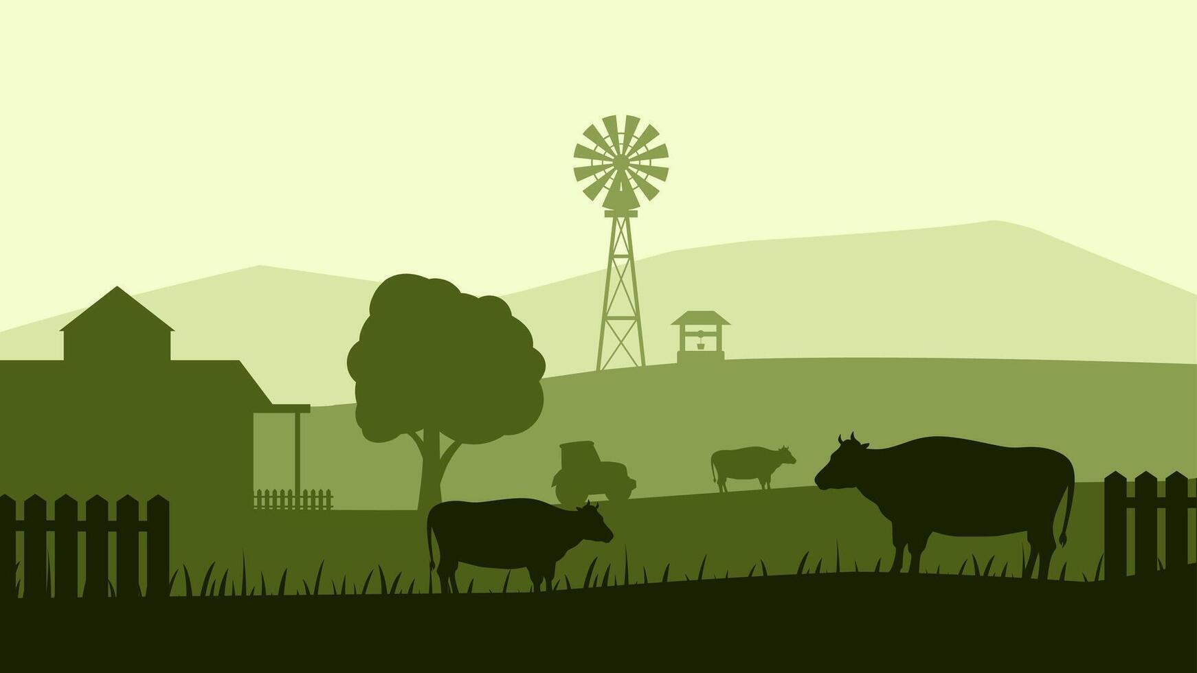 Landscape illustration of farm silhouette with cattle livestock vector