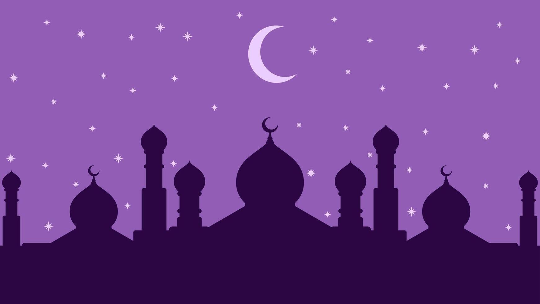 Landscape illustration of mosque silhouette in starry night sky vector