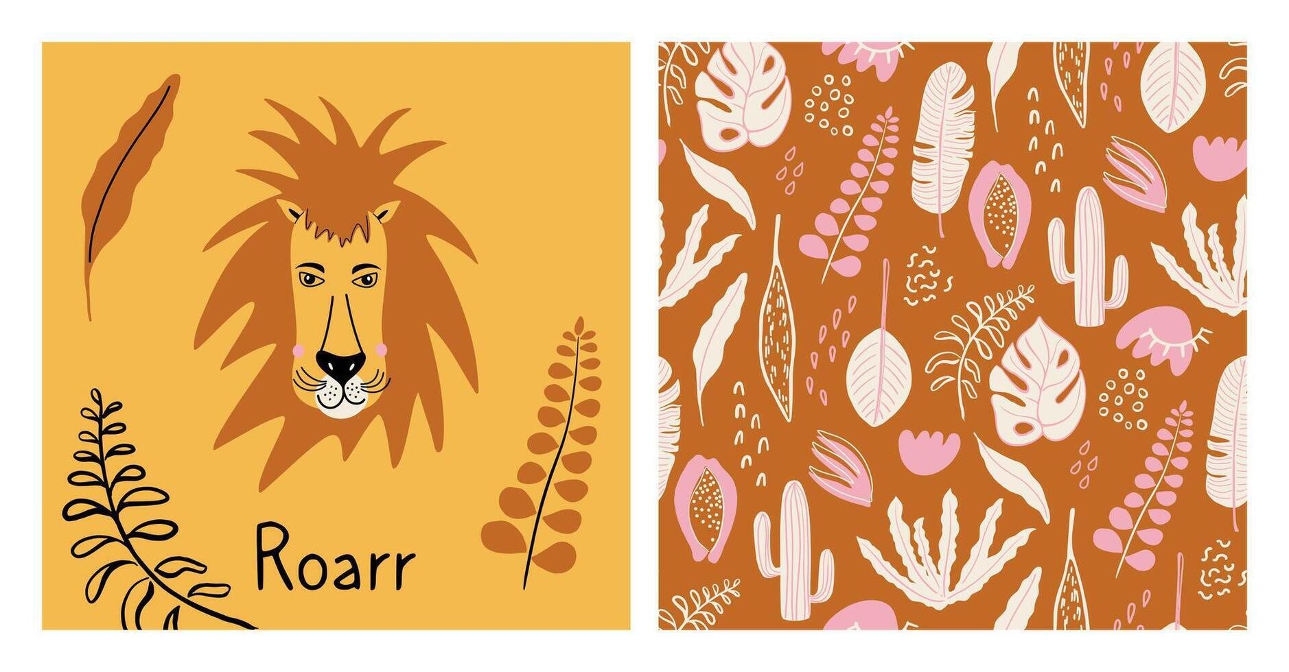 Cute set with animal poster and floral seamless pattern. Hand drawn card with lion face and tropical plants print. Decor for baby shower, kids room, textile. Colorful illustrations. vector
