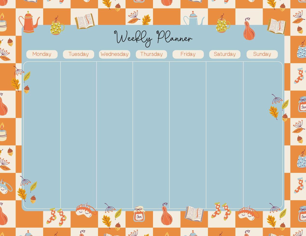 Printable weekly planner decorated with cozy home elements on checkered background. Cute timetable for everyday planning. Modern stationery. Flat design illustration. vector
