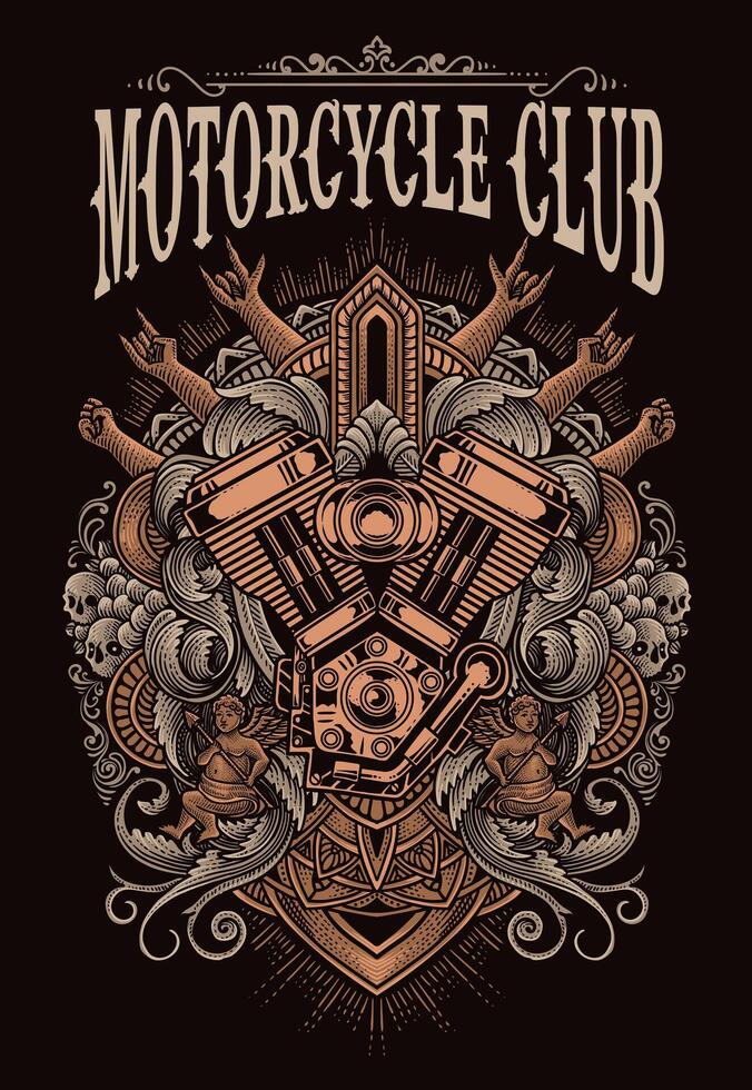 Vintage motorcycle logo emblem isolated. V twin engine logo. monochrome label. EPS 10 vector