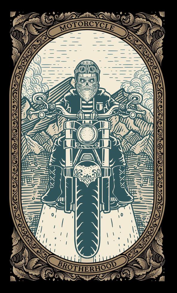 Biker skull riding motorcycle with vintage engraving ornament frame vector