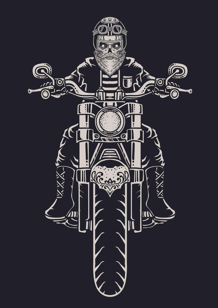 Biker skull riding motorcycle vintage monochrome style vector