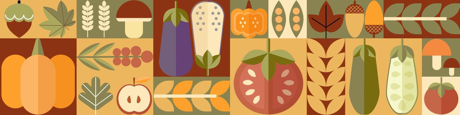 Vegetable abstract geometric line drawing. Vegetables and fruits seamless pattern. Natural flower plant with simple shape, abstract eco farming concept. minimal banner vector
