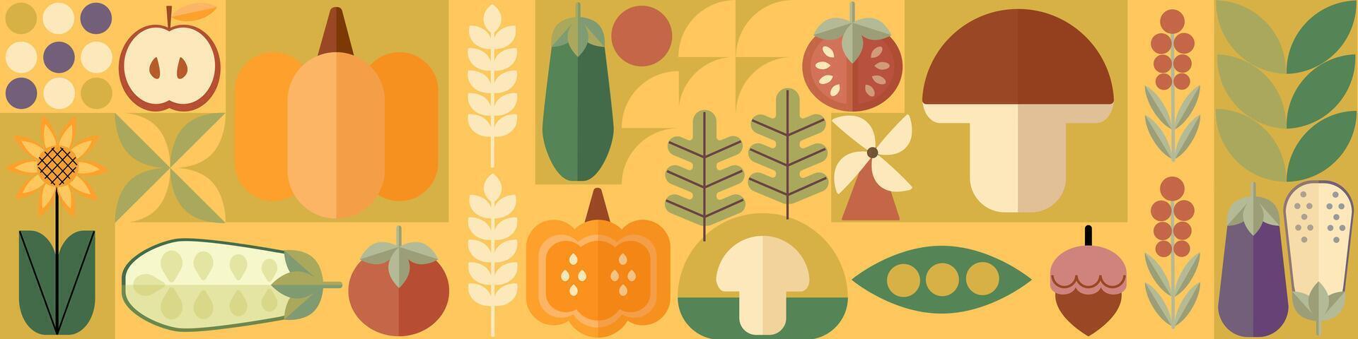 Agricultural pattern of fruits, berries, vegetables, ears, farm products in the Bauhaus style. Abstract background of organic agricultural vegetarian food and simple shapes vector