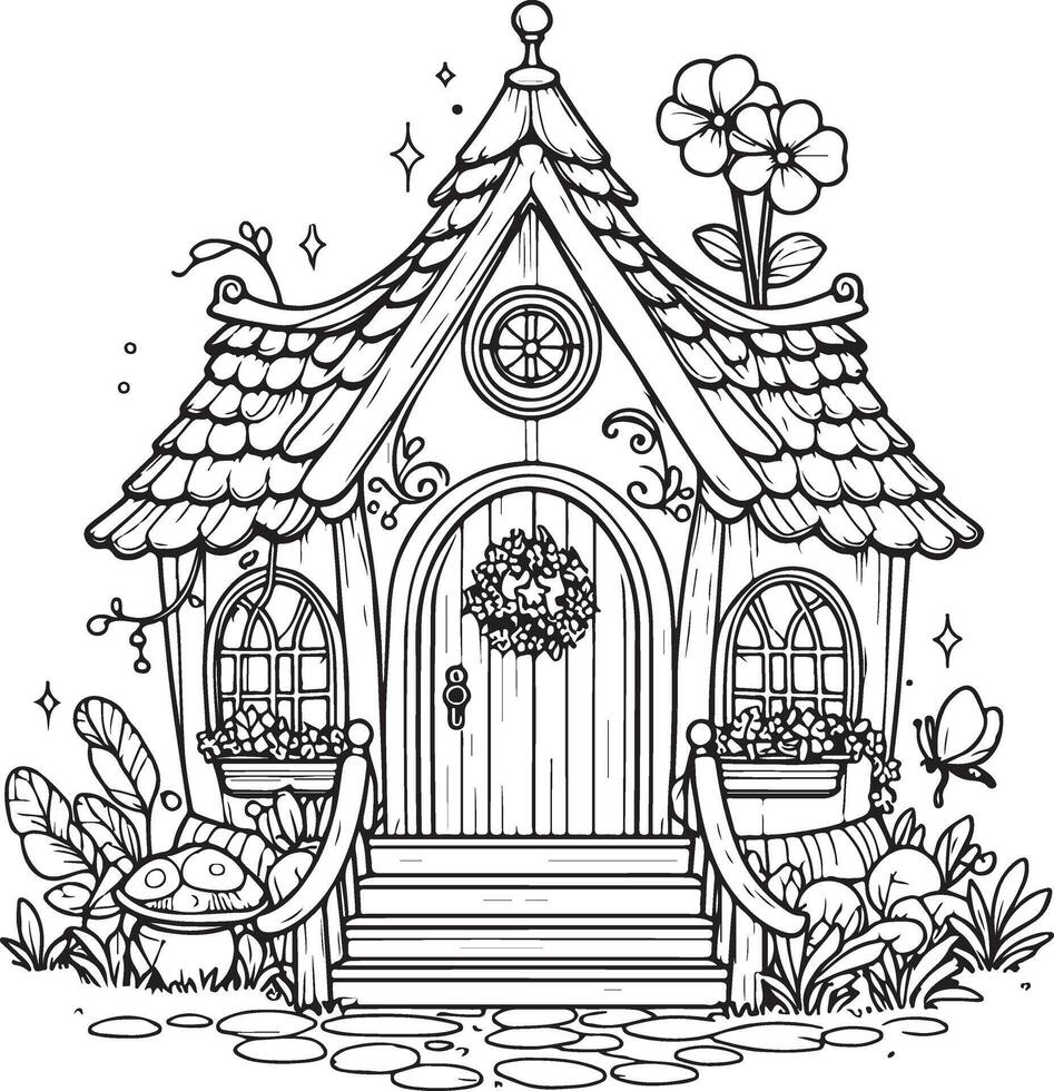 Fairy house line art coloring page illustration Vector Fairy house line art coloring page illustration Vector