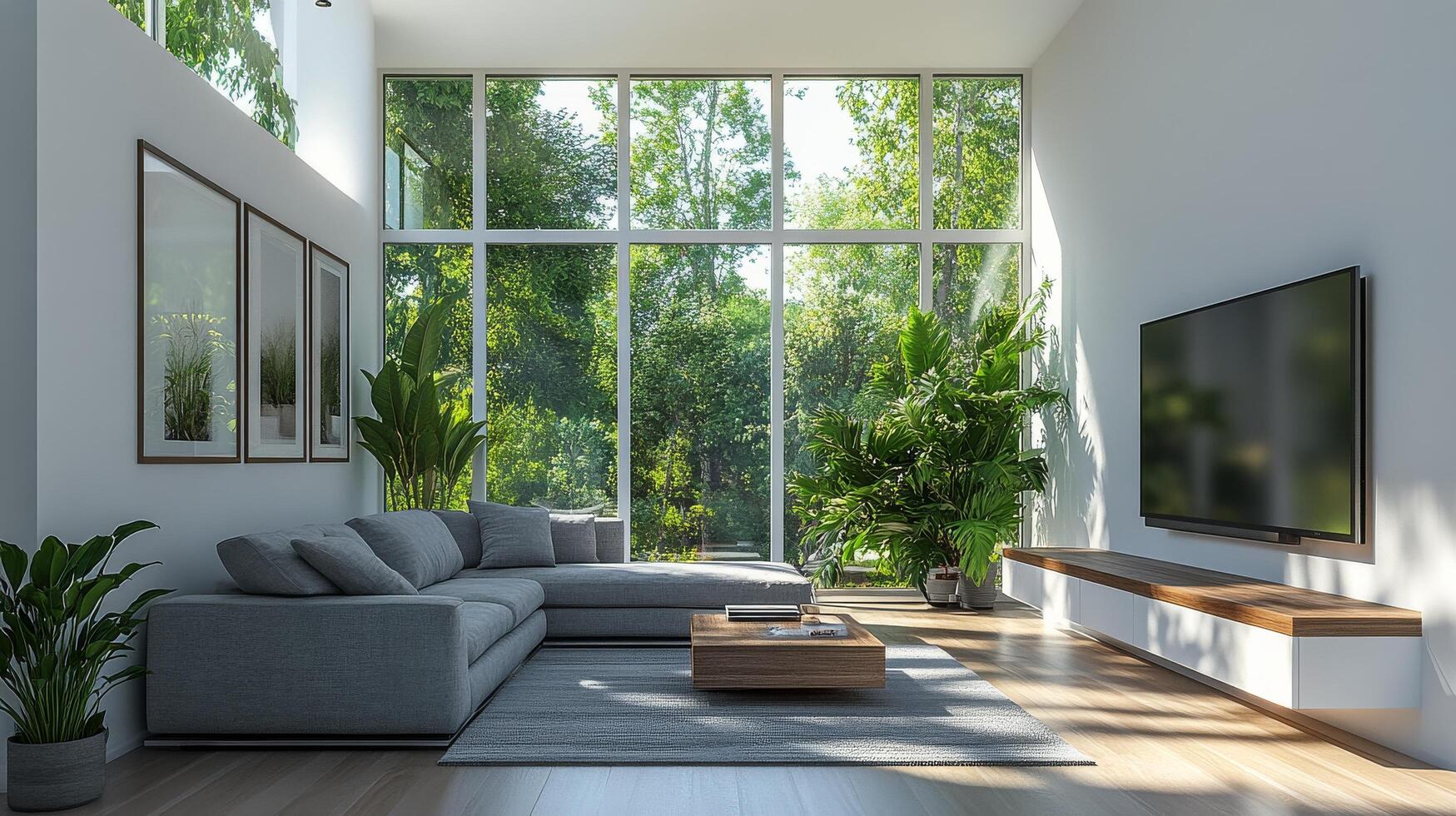 Modern living room featuring large windows and abundant greenery in a spacious design photo