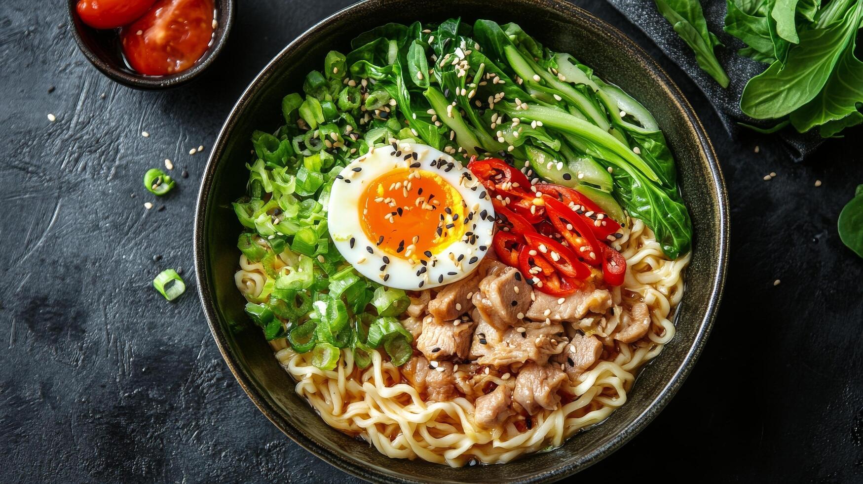 Savory ramen bowl with tender chicken, soft-boiled eggs, and fresh vegetables on a dark surface photo