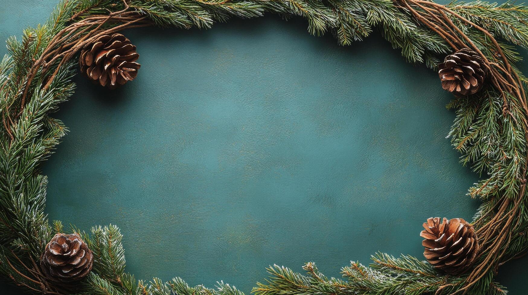 Seasonal wreath with pinecones and evergreen branches on teal background photo