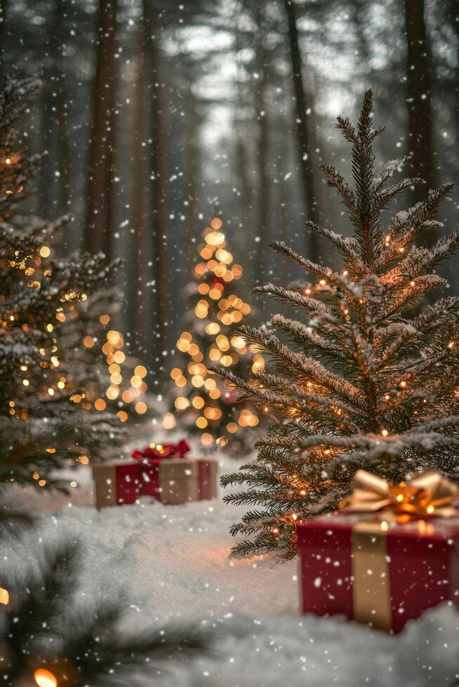 Snow-covered forest pathway adorned with Christmas trees and neatly wrapped presents photo