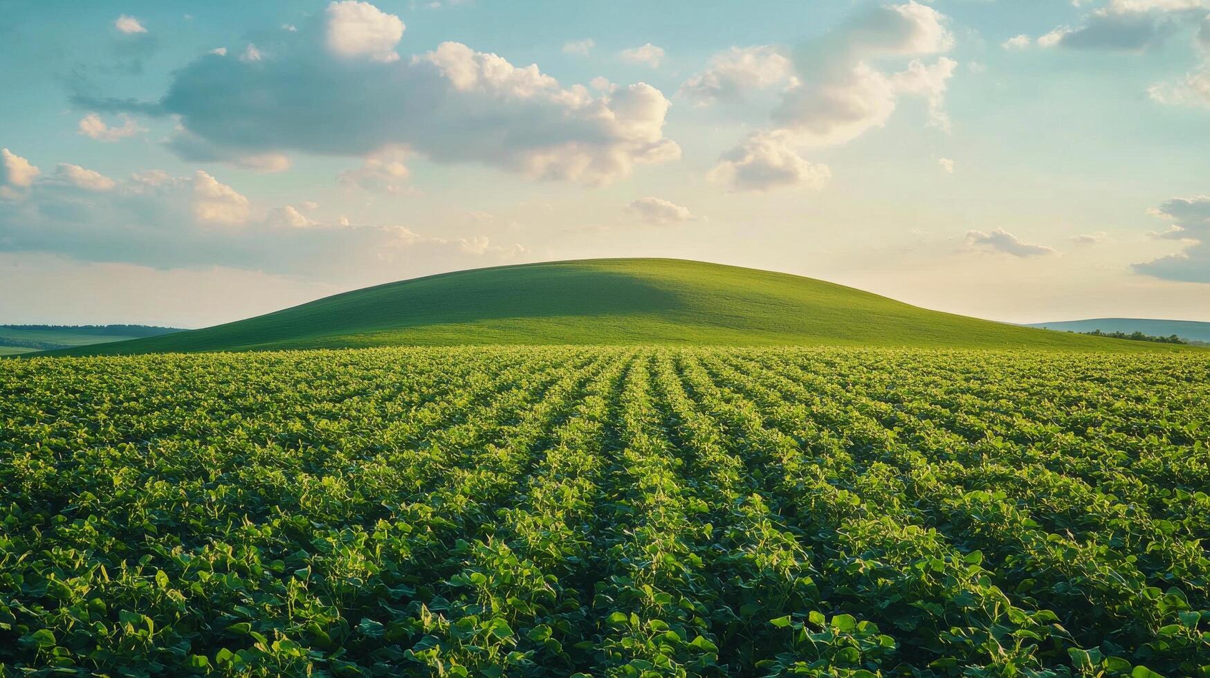 Expansive golden field at sunset with vibrant clouds and clear horizon in rural landscape photo