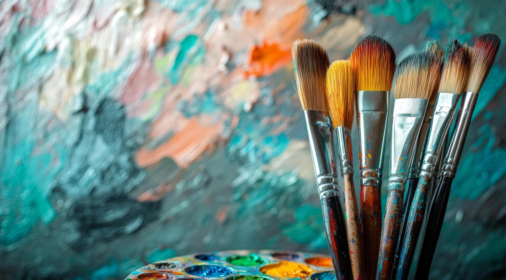 A collection of paintbrushes resting on a palette in front of a colorful abstract canvas photo
