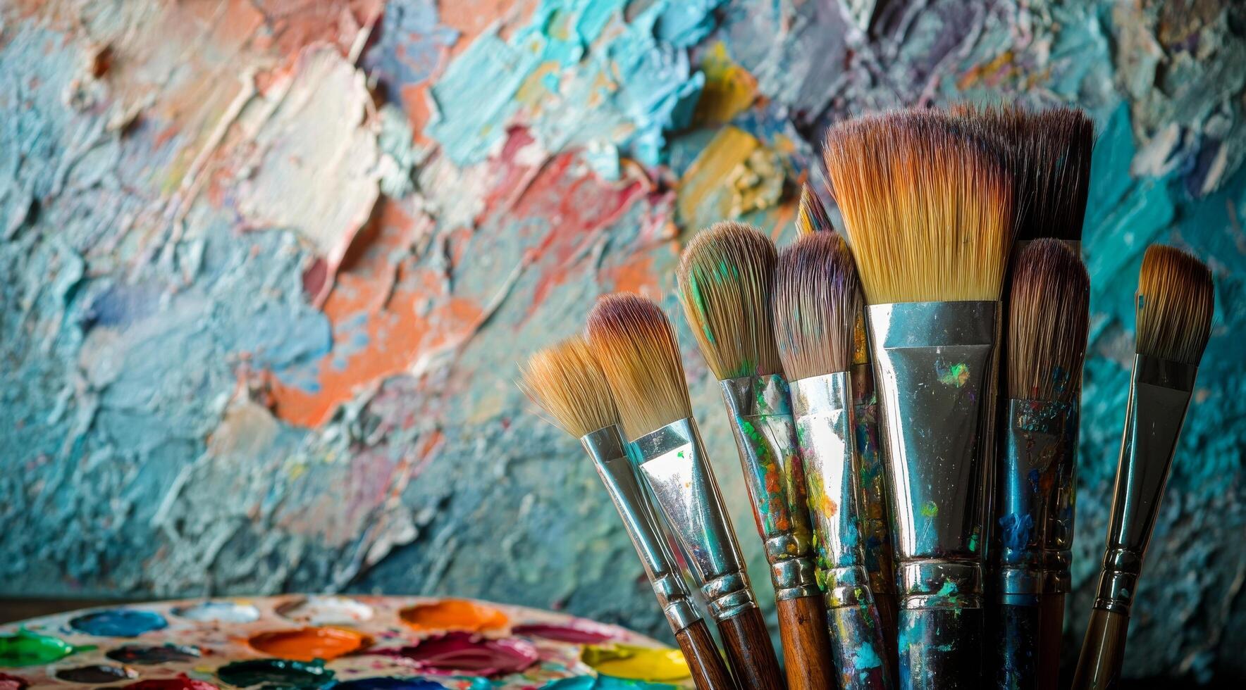A collection of paintbrushes resting on a palette in front of a colorful abstract canvas photo