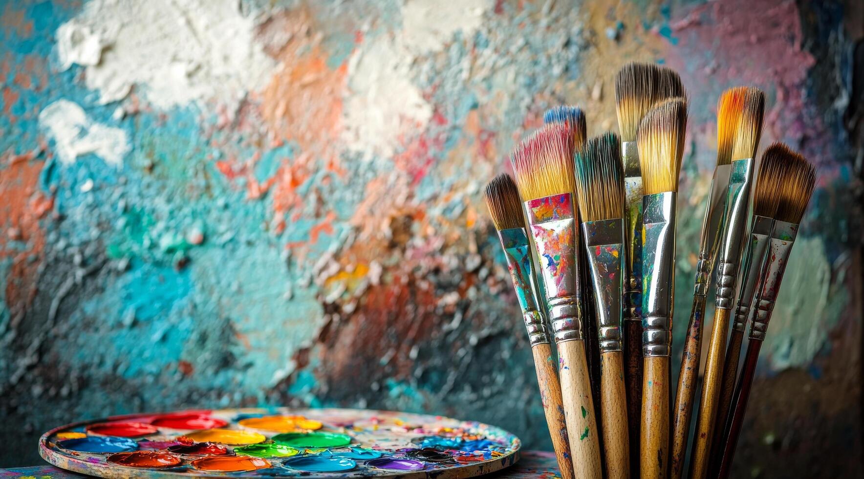 A collection of paintbrushes resting on a palette in front of a colorful abstract canvas photo