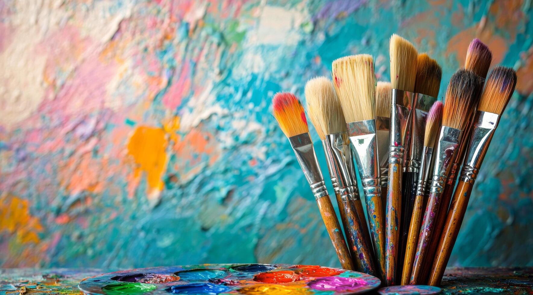 A collection of paintbrushes resting on a palette in front of a colorful abstract canvas photo