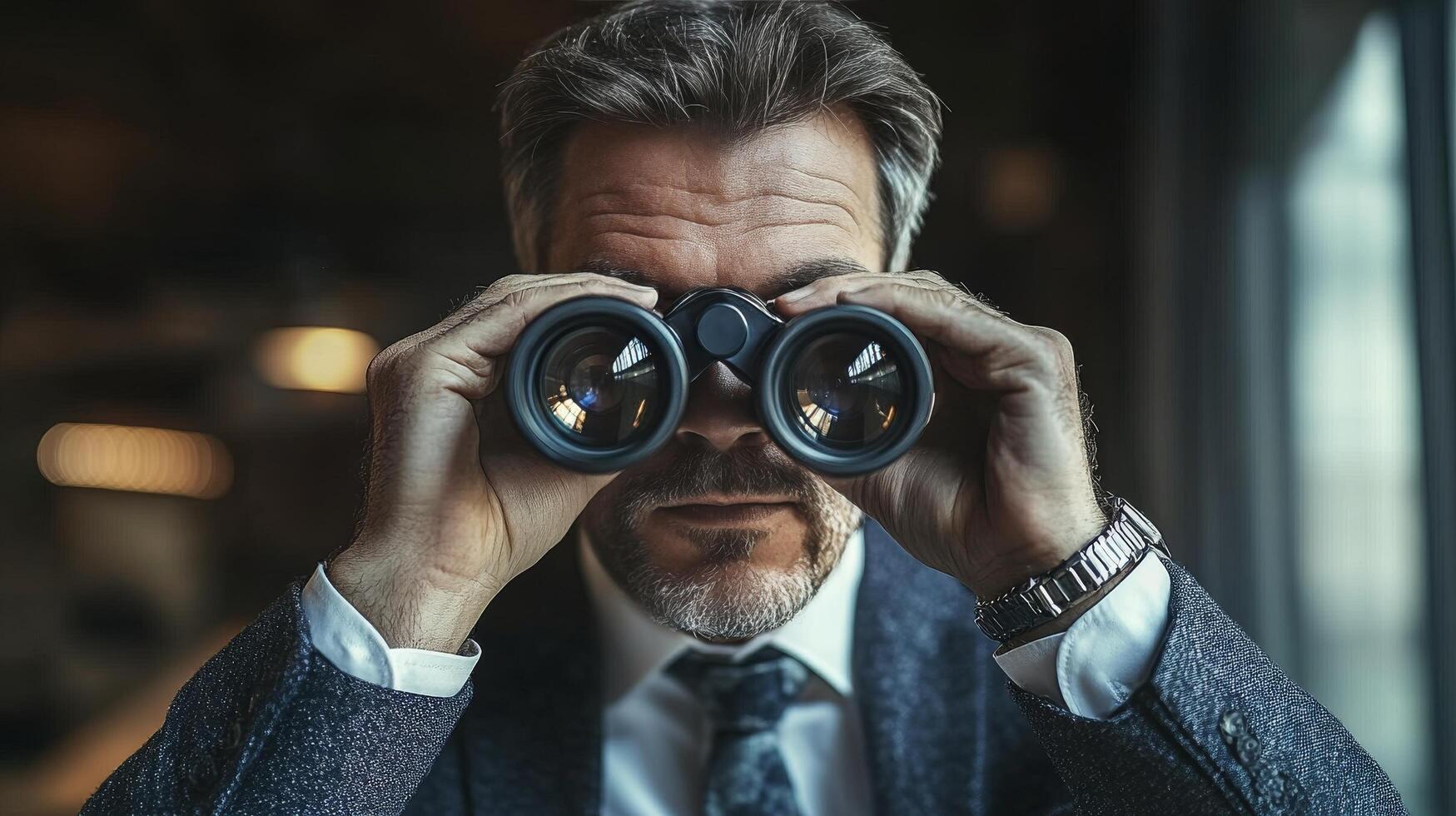 Businessman using binoculars to observe surroundings during a city event in the evening photo
