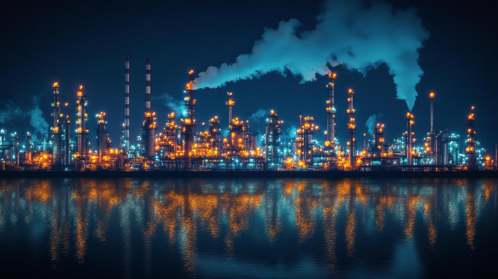 Vibrant industrial skyline at night with glowing lights and smoke rising from factory chimneys photo