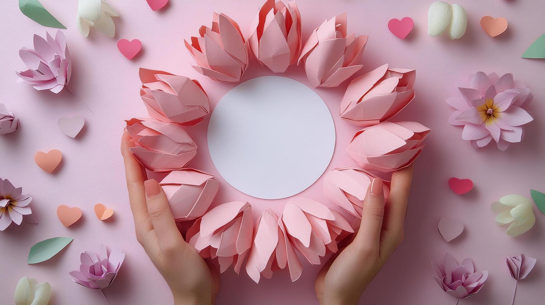 Colorful pink tulips and decorative hearts create a festive spring atmosphere on a soft background photo
