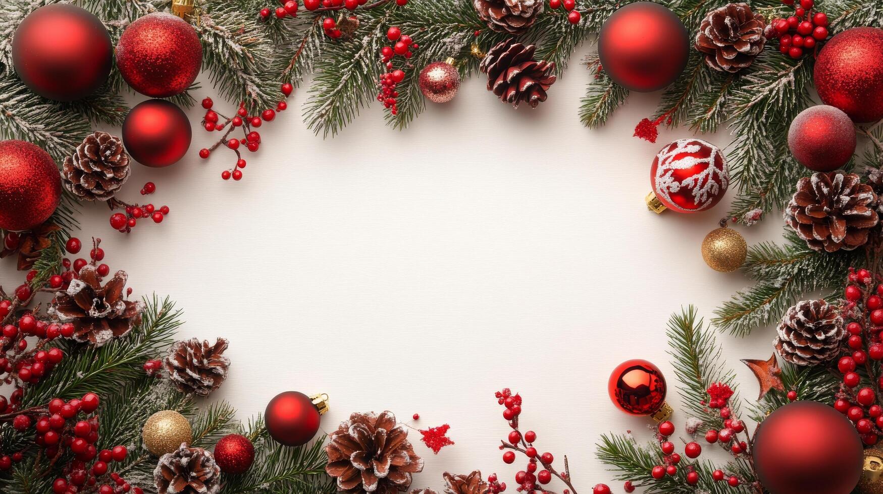Festive holiday decorations featuring red ornaments, pinecones, and greenery on a white background photo