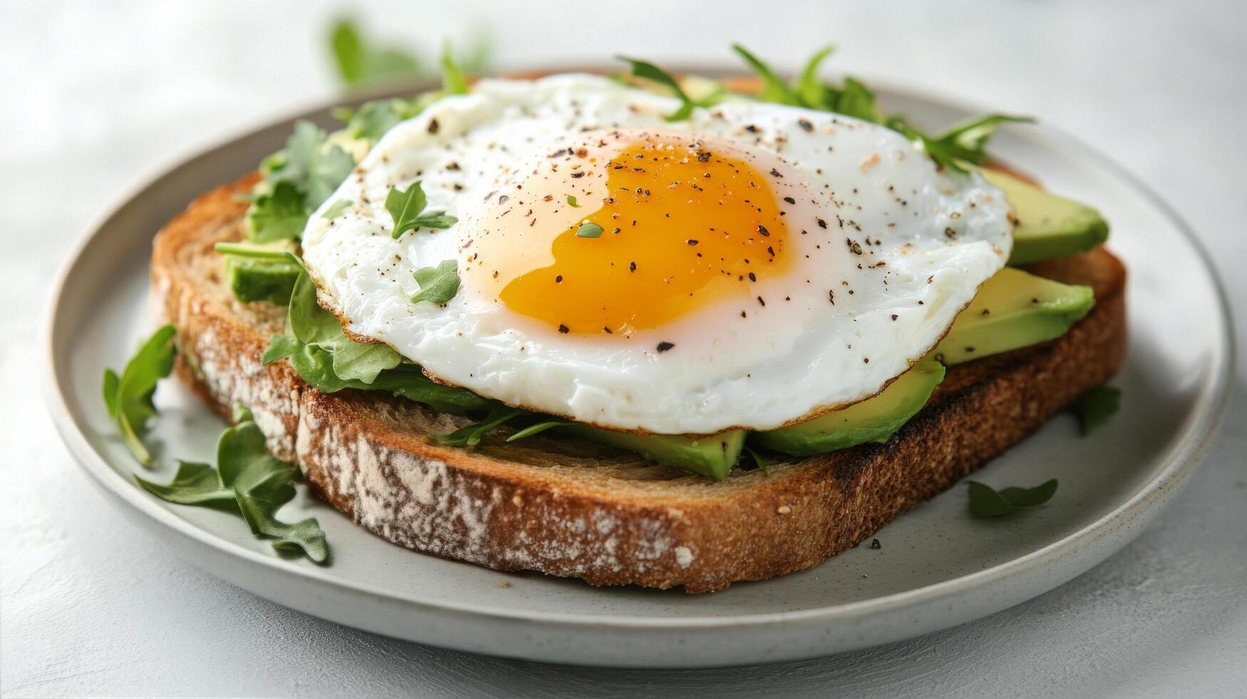Delicious avocado toast topped with a perfectly fried egg served on a rustic plate photo