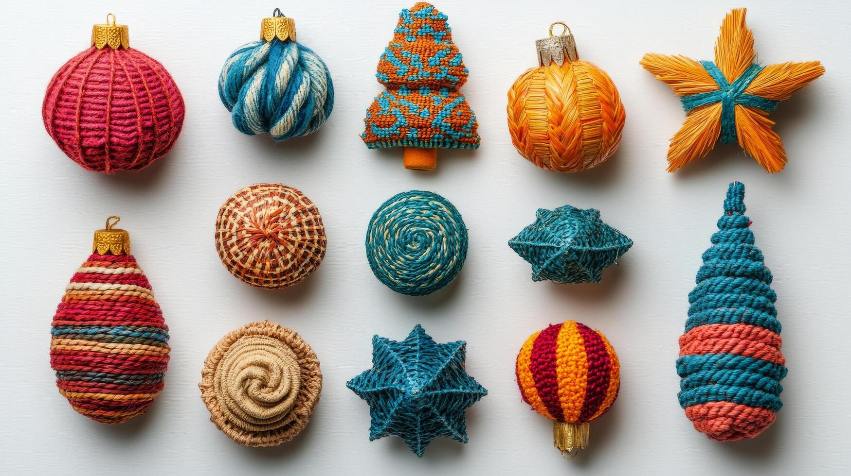 Colorful woven decorations arranged artistically on a light background for festive occasions photo