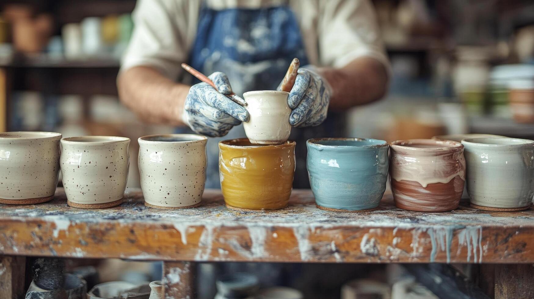 Elderly artisan crafting pottery and painting designs in a rustic workshop filled with clay photo