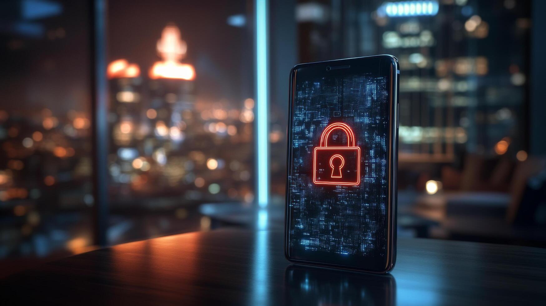 A smartphone displaying a glowing padlock symbol on its screen in a darkened environment with lights photo