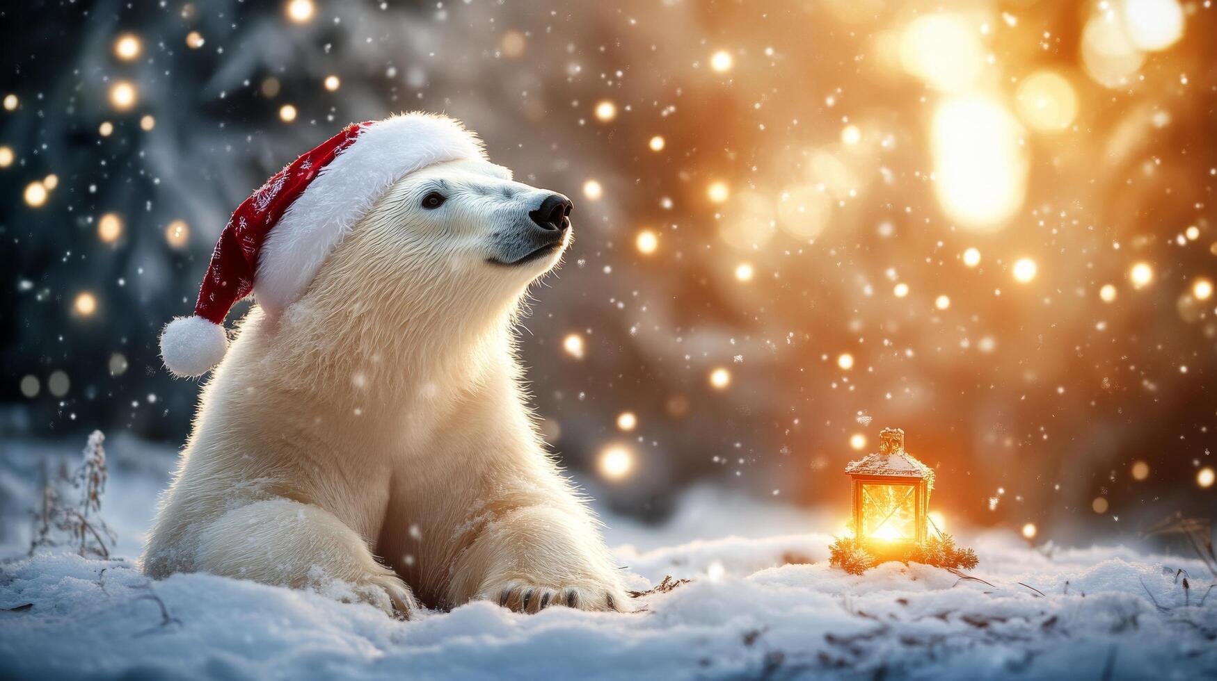 Polar bear walks along a snow-covered landscape at sunset in a northern wilderness area photo