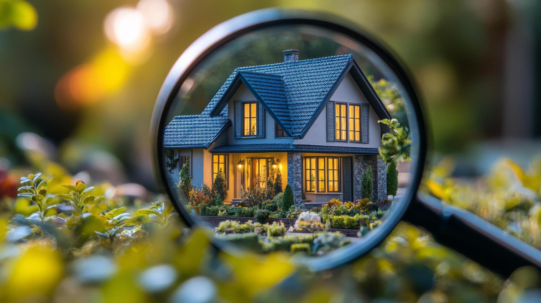 A detailed miniature house surrounded by lush greenery captured at twilight photo