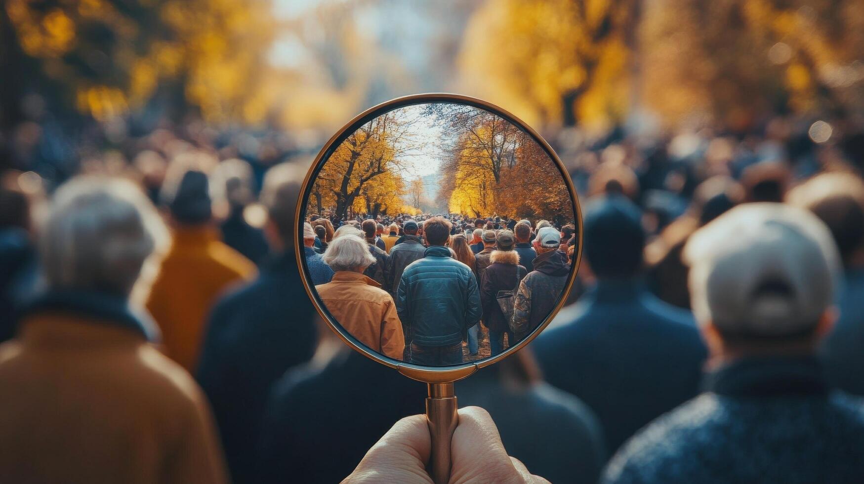 Magnifying glass revealing a dense crowd during sunset showcasing the diversity in people photo