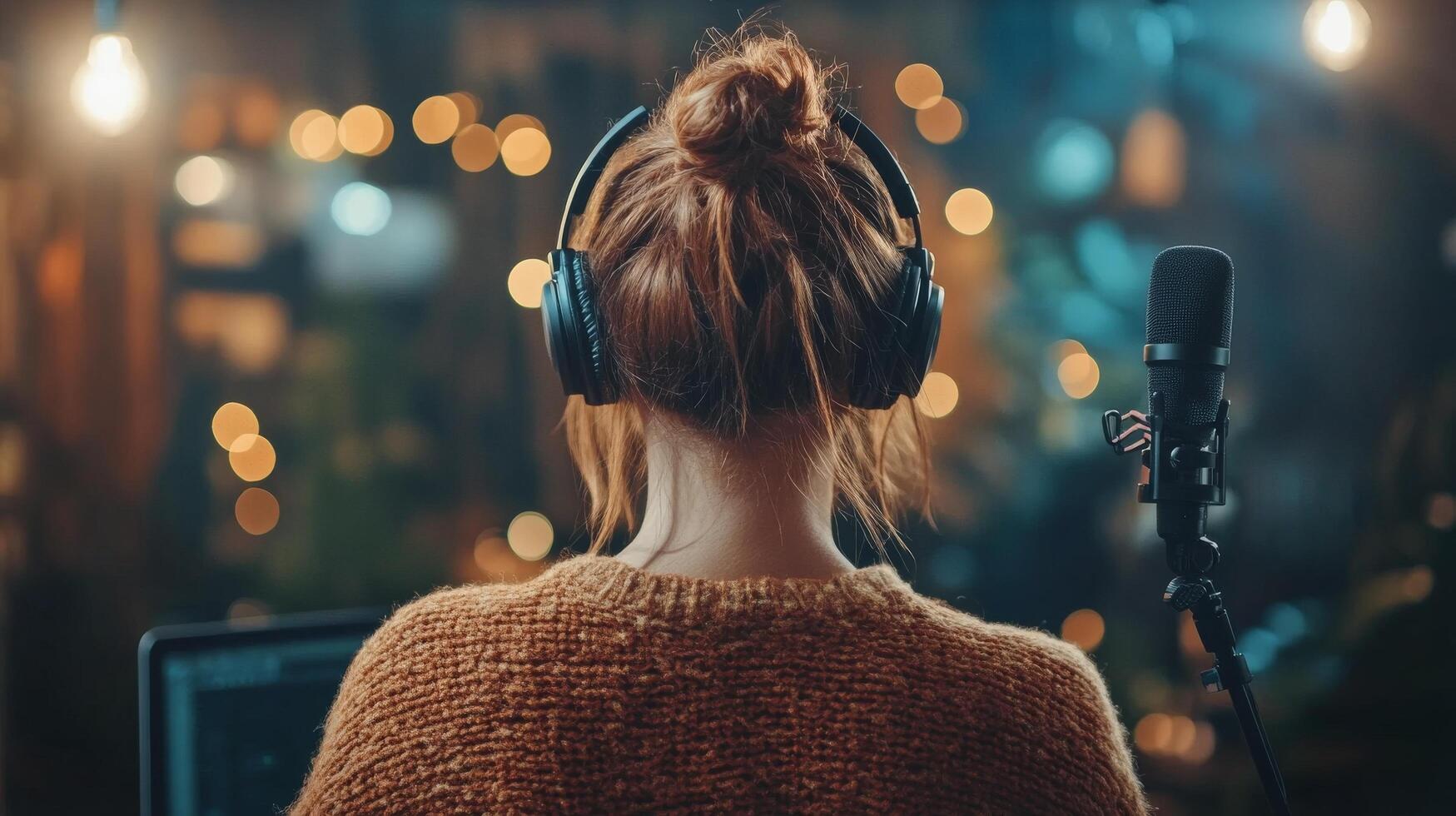 Young woman with headphones engaged in live streaming while working on a laptop in a vibrant room photo