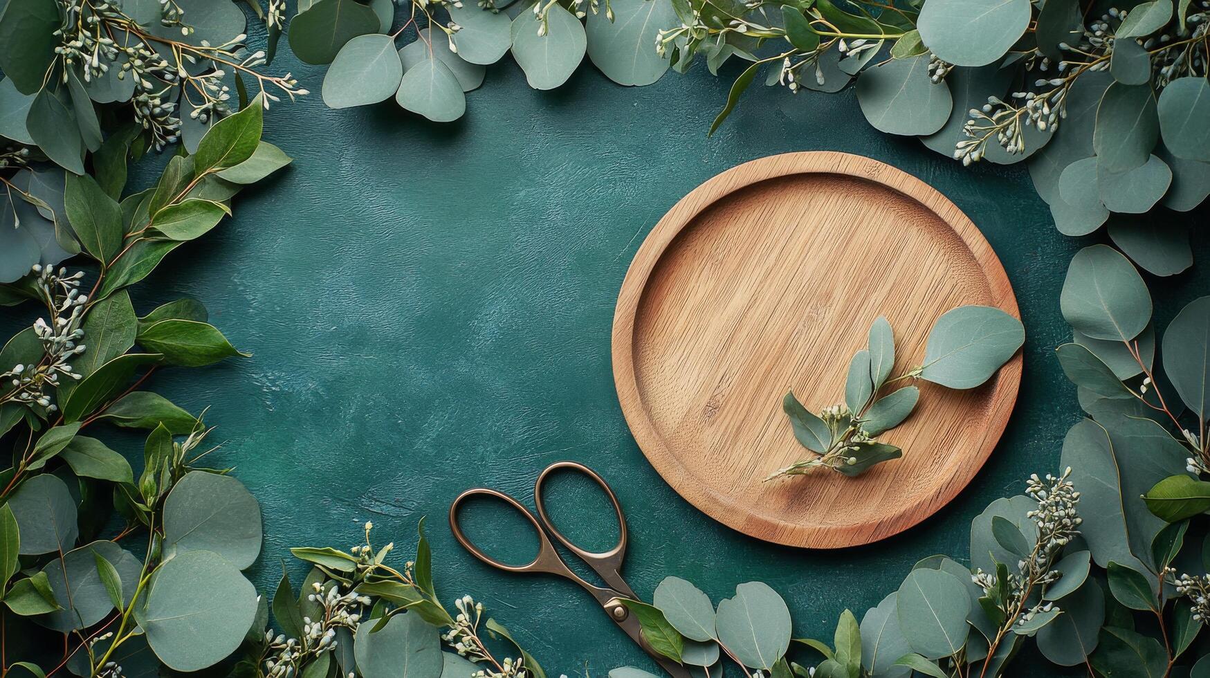 Eucalyptus leaves and wooden plate arranged on a teal surface with scissors nearby for crafts photo