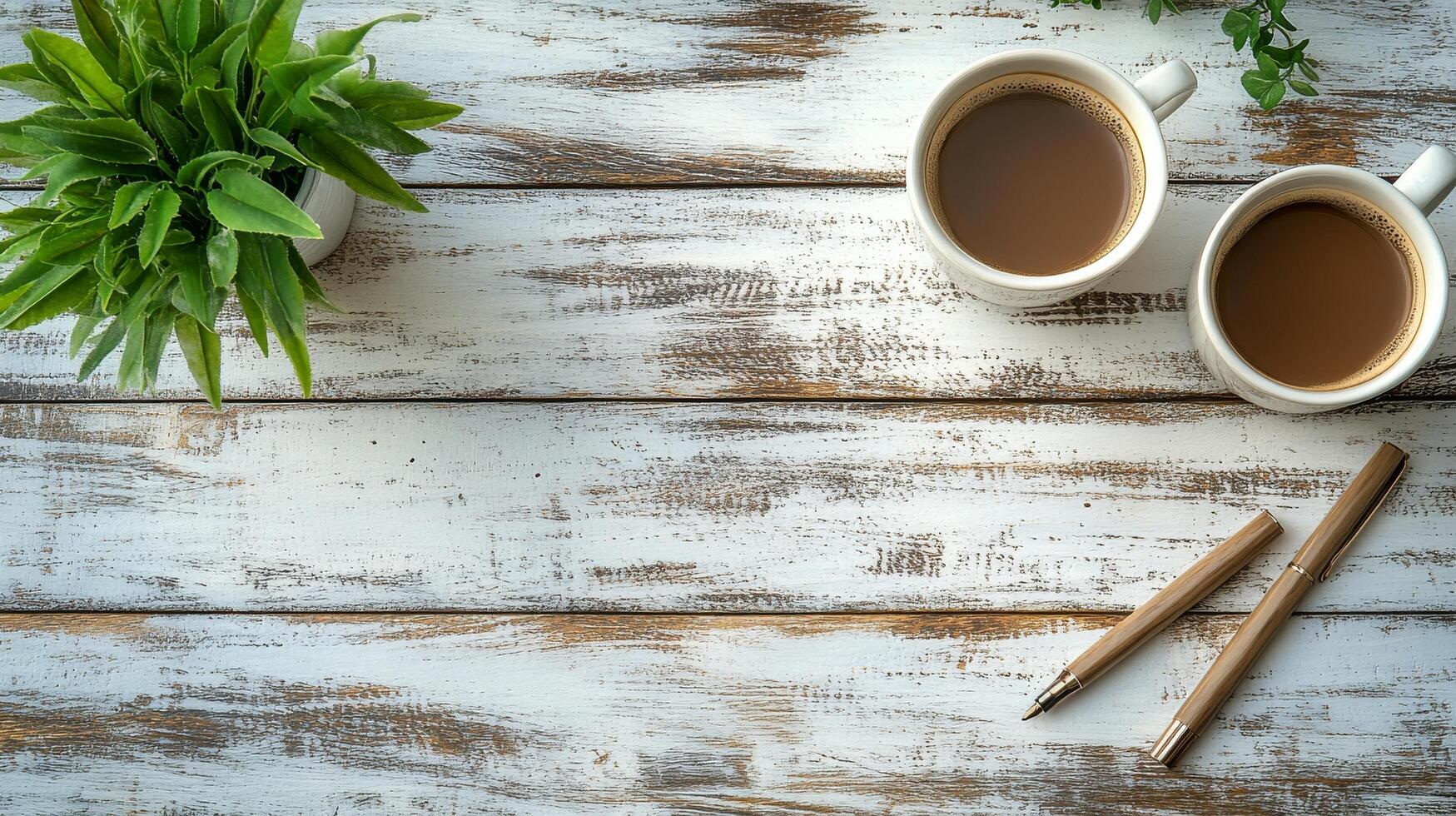 Two cups of coffee on a rustic wooden table near a window with potted plants in a cozy setting photo