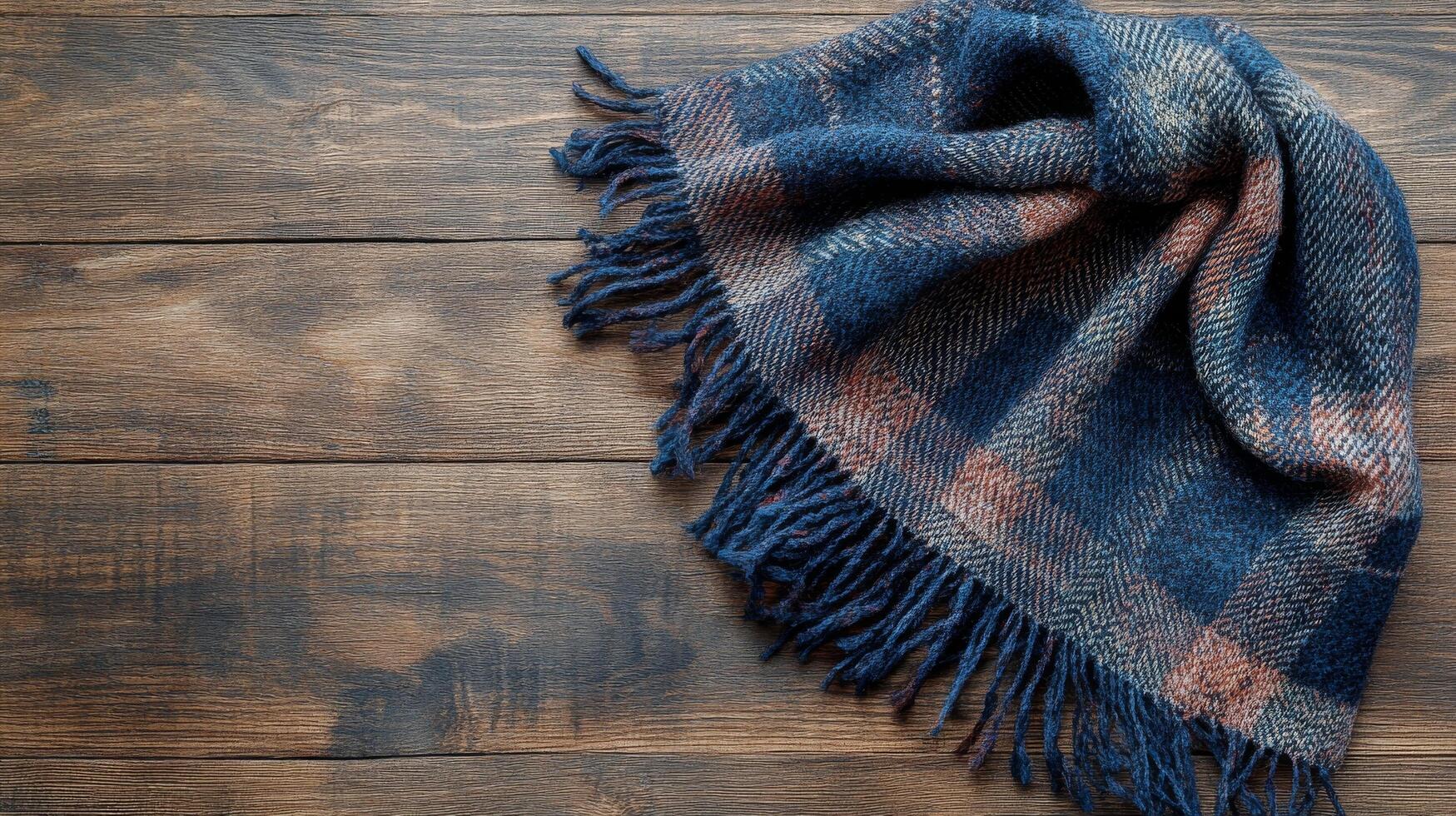 Cozy red and black plaid scarf elegantly draped on rustic wooden surface for seasonal style photo