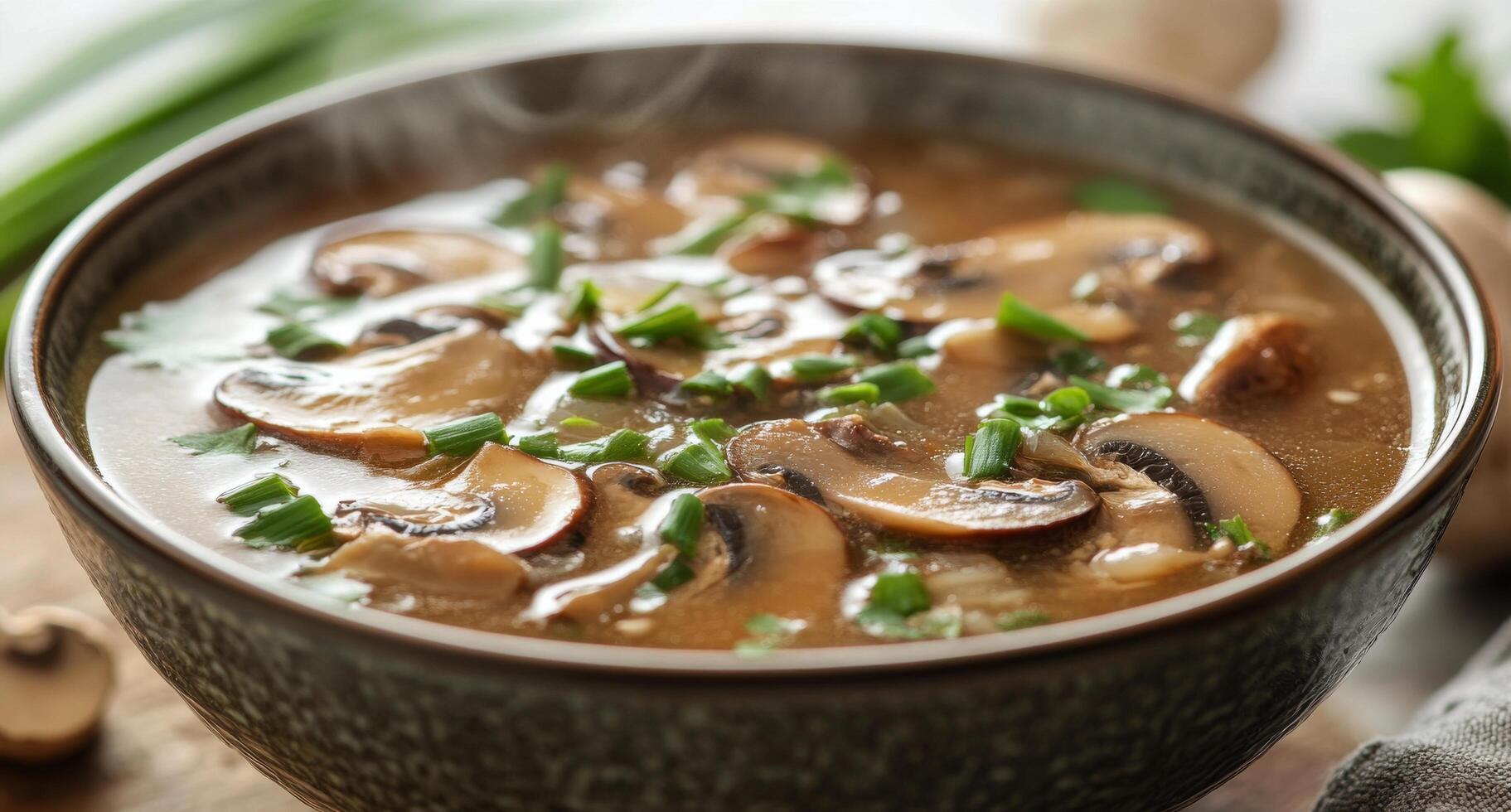 Warm mushroom soup with fresh herbs served in a bowl on a rustic wooden table photo