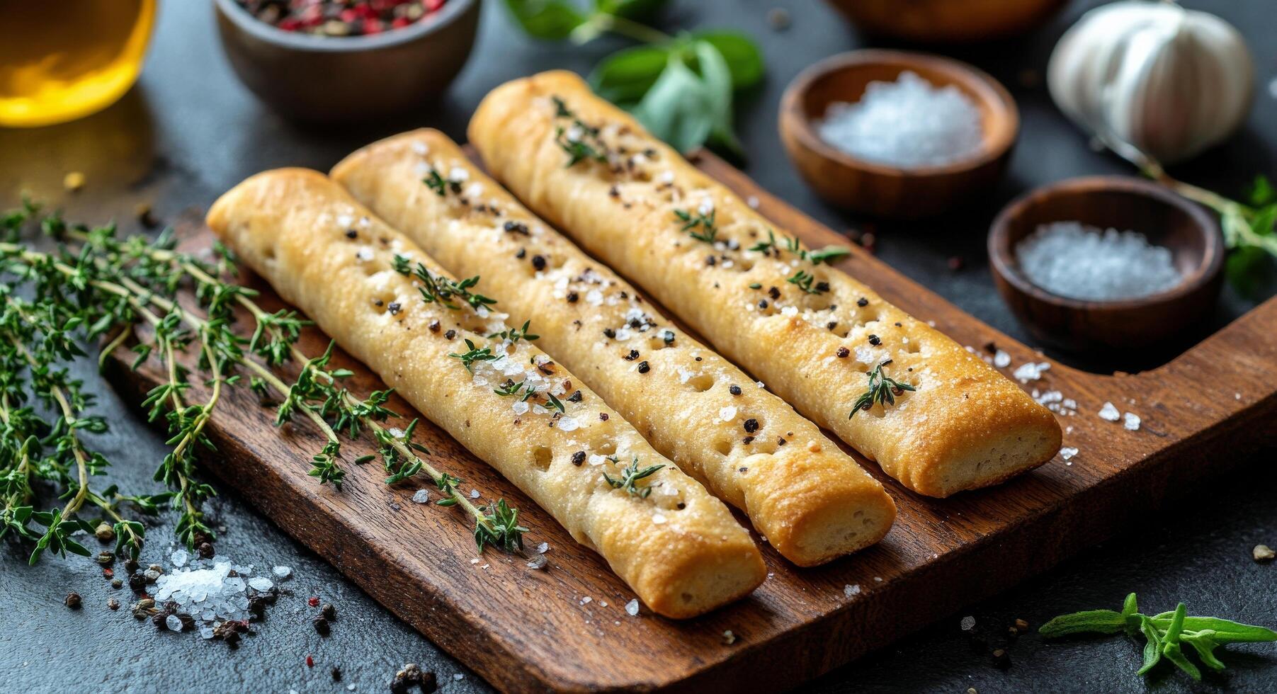 Savory baked breadsticks garnished with herbs on a wooden board in a cozy kitchen setting photo