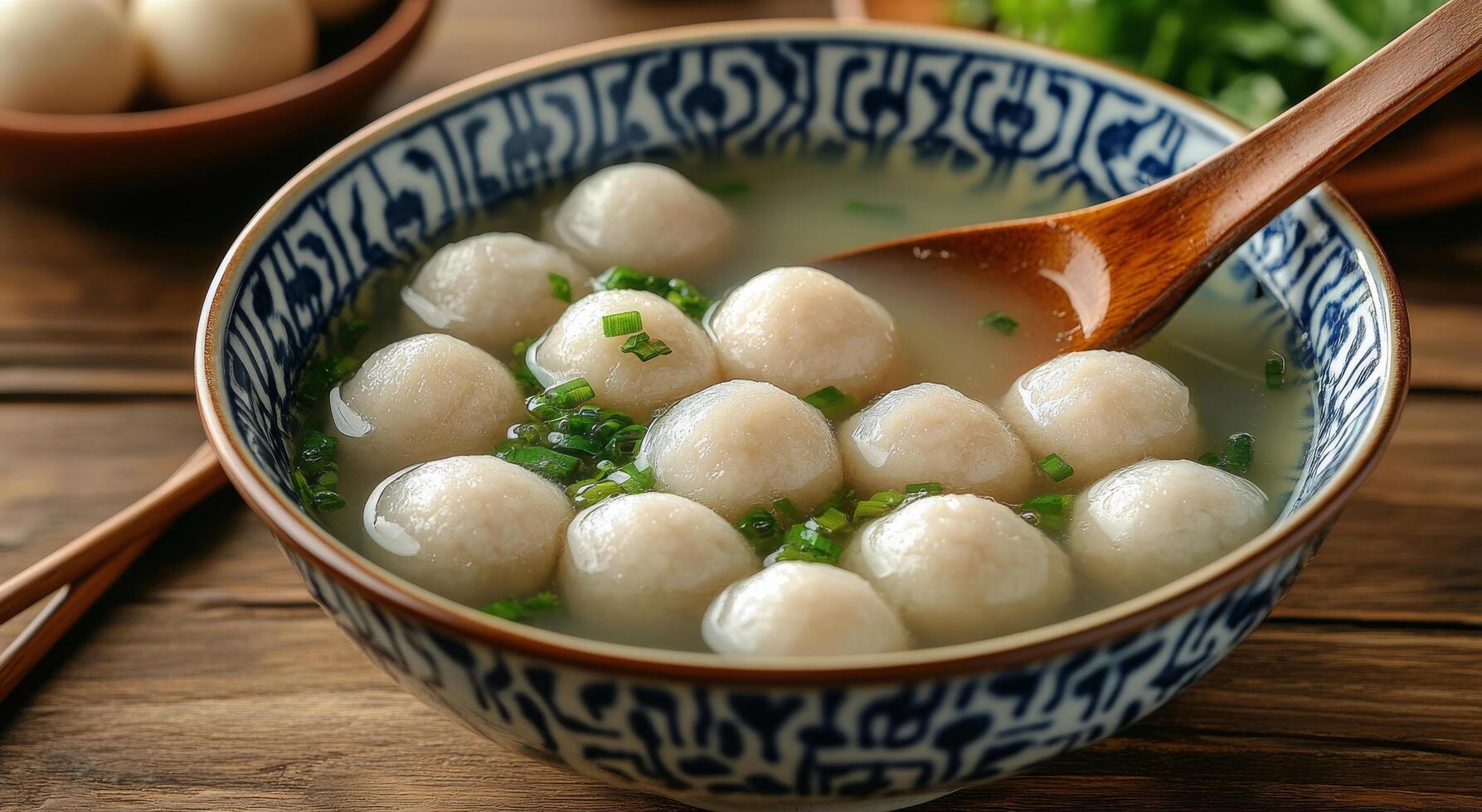 Warm bowl of homemade dumpling soup garnished with fresh green onions in a rustic kitchen setting photo