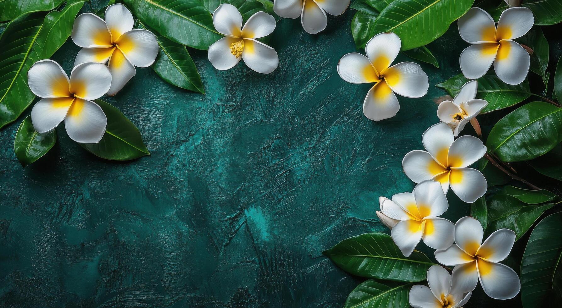A vibrant arrangement of white and yellow flowers framed by lush green leaves on a dark background photo