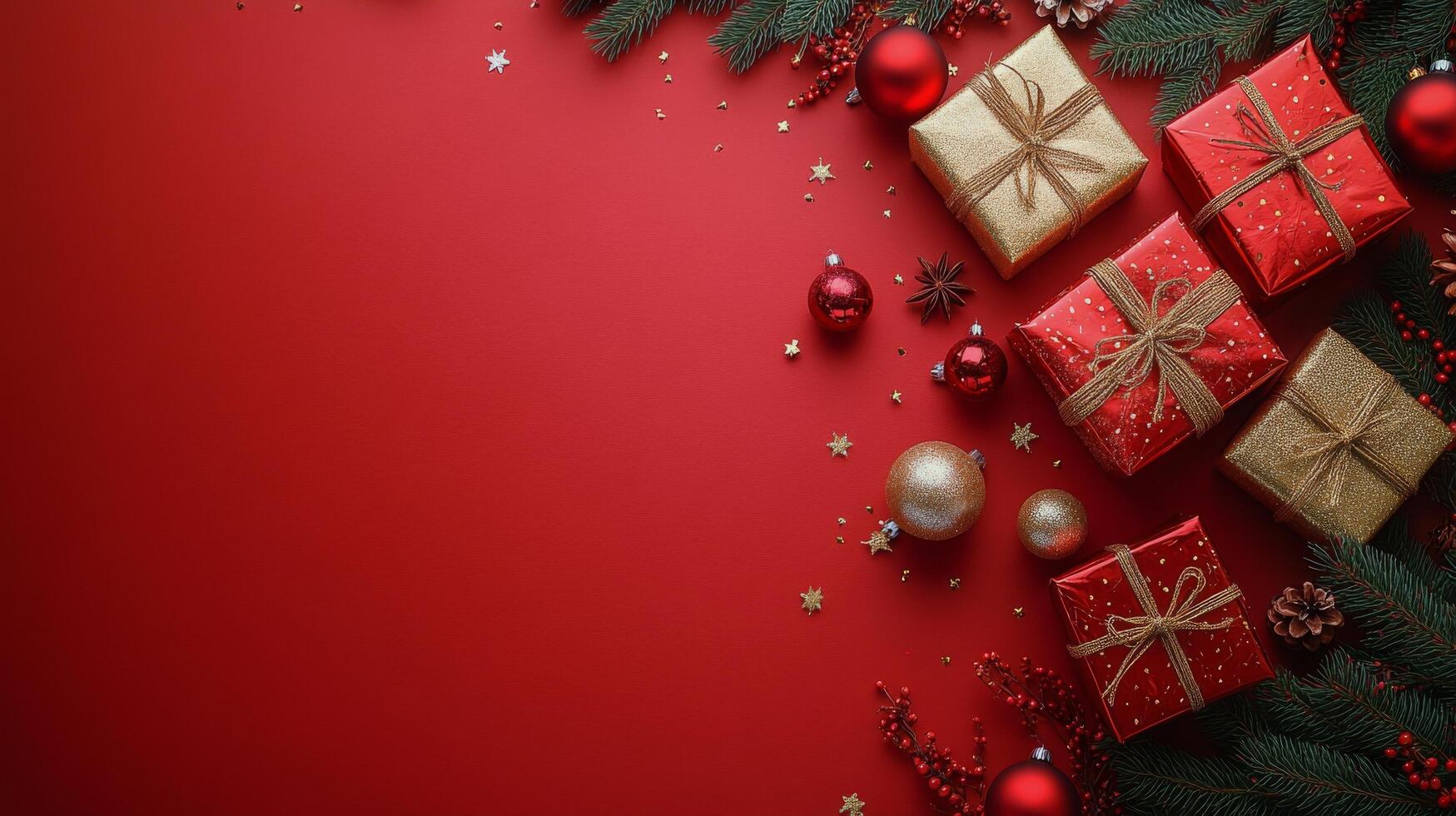Beautifully wrapped Christmas gifts on a festive red background with decorations and greenery photo