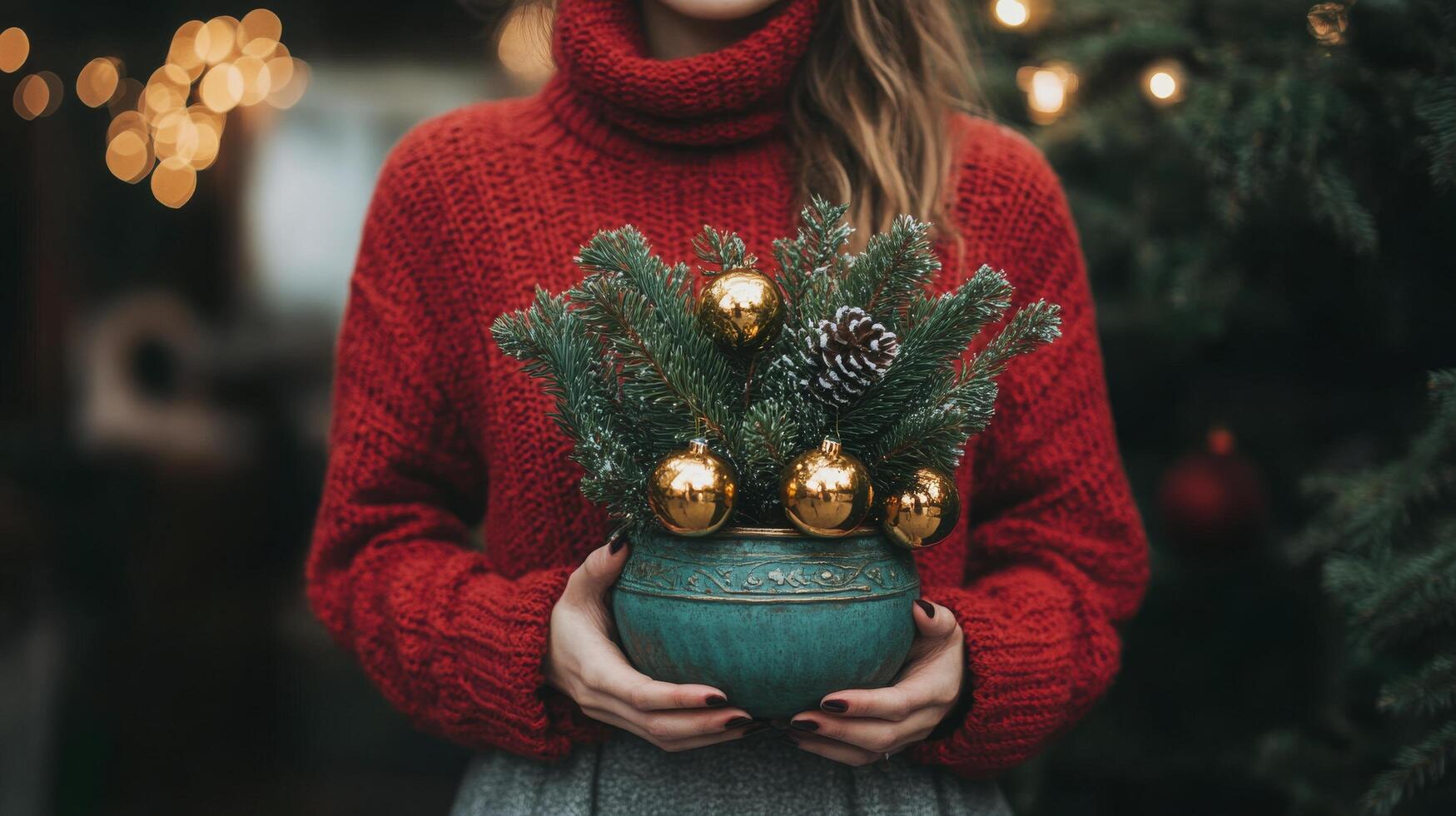A woman holds a festive plant arrangement adorned with gold ornaments near a decorated tree photo