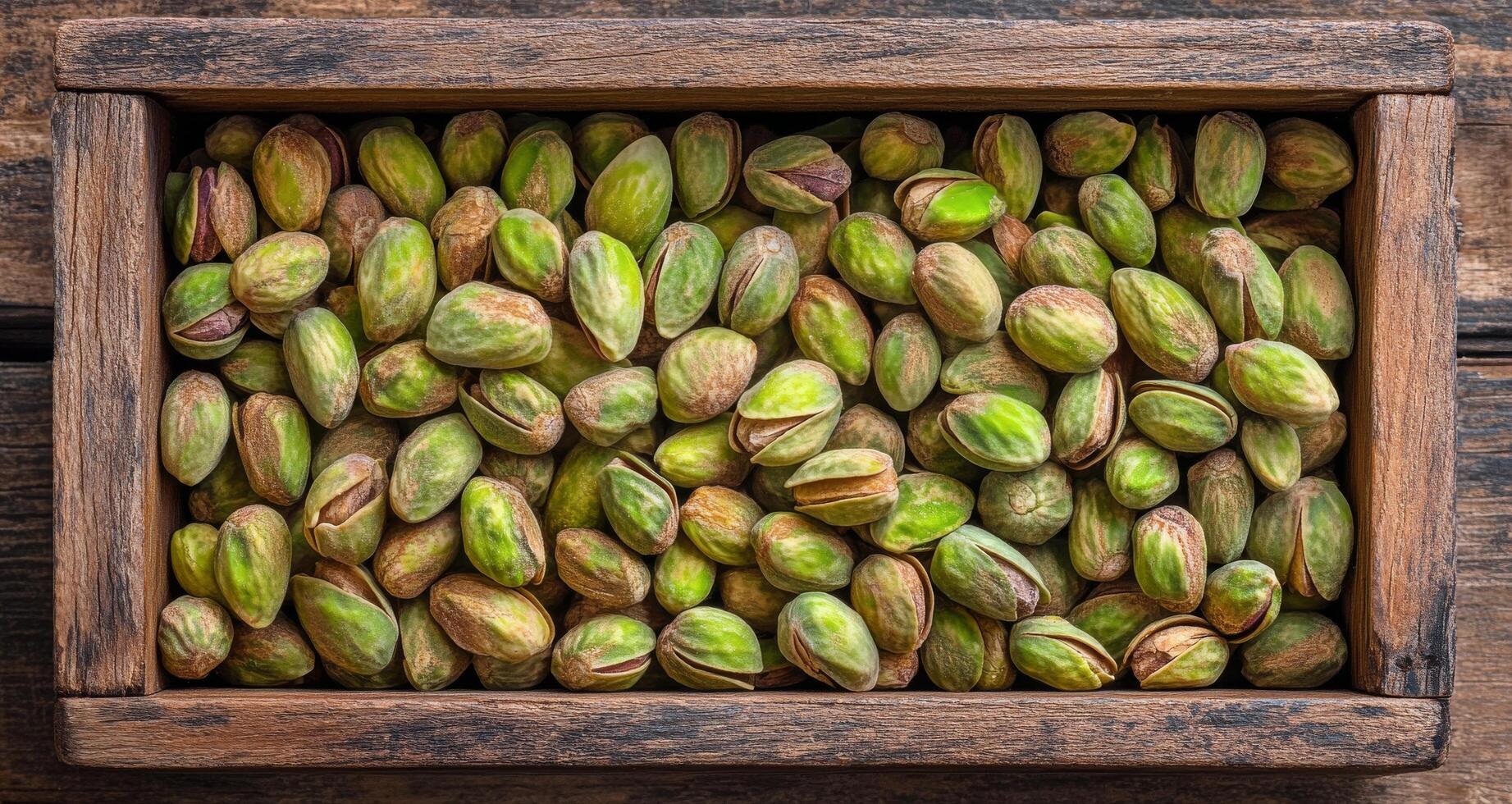 Freshly harvested pistachios arranged in a wooden tray on a rustic surface photo