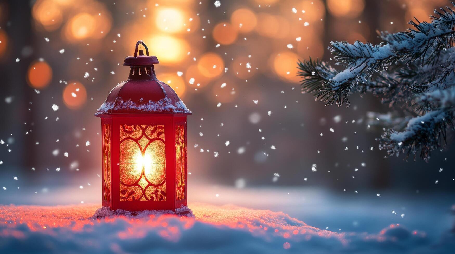 A red lantern illuminating falling snowflakes in a winter forest at dusk photo