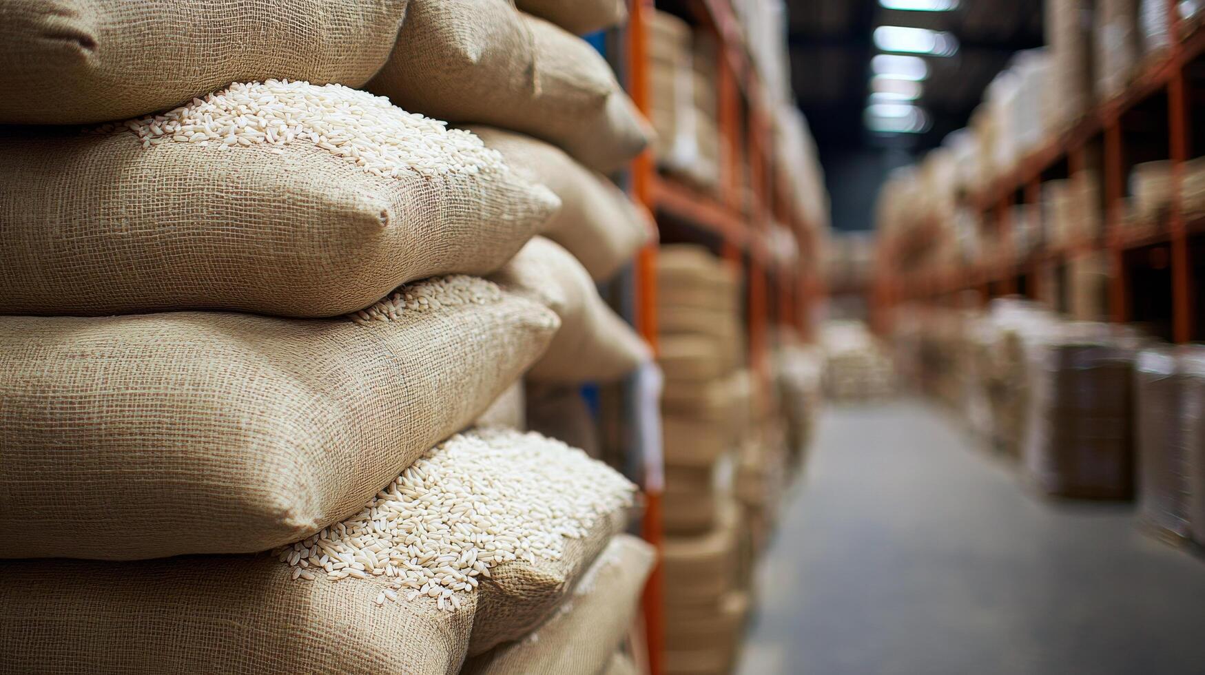 Stacks of burlap sacks filled with grain stored neatly in a warehouse during daylight hours photo