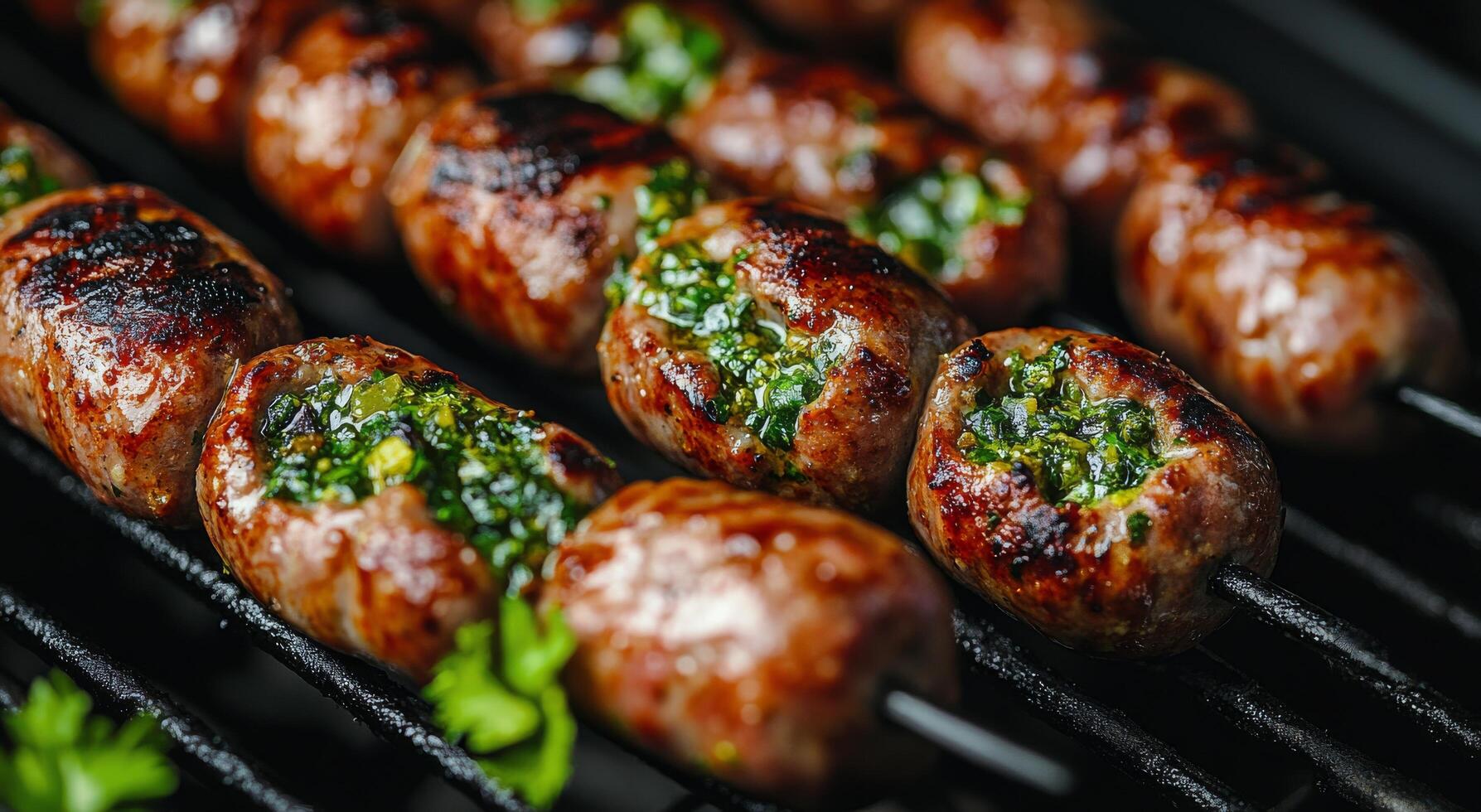 Grilled skewers of marinated meat with herbs cooking on a barbecue in the evening sun photo