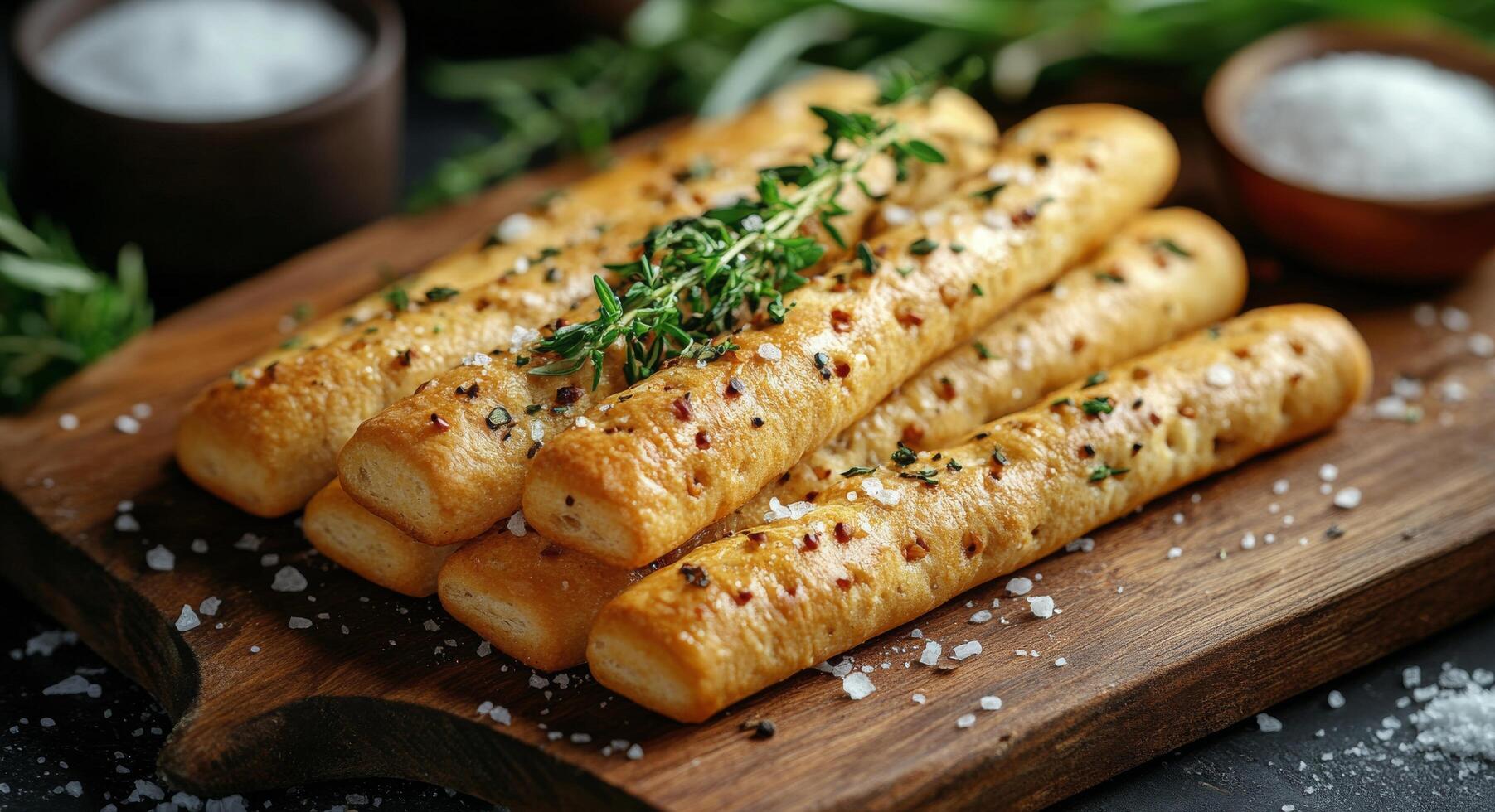 Savory baked breadsticks garnished with herbs on a wooden board in a cozy kitchen setting photo