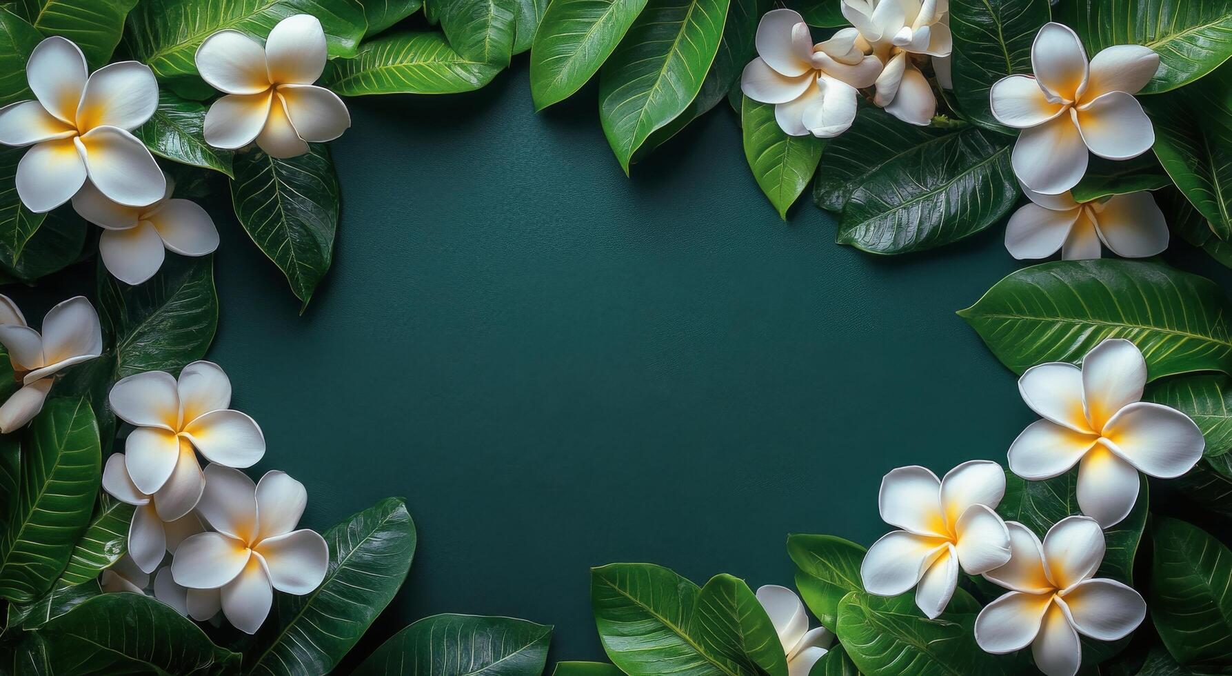 A vibrant arrangement of white and yellow flowers framed by lush green leaves on a dark background photo