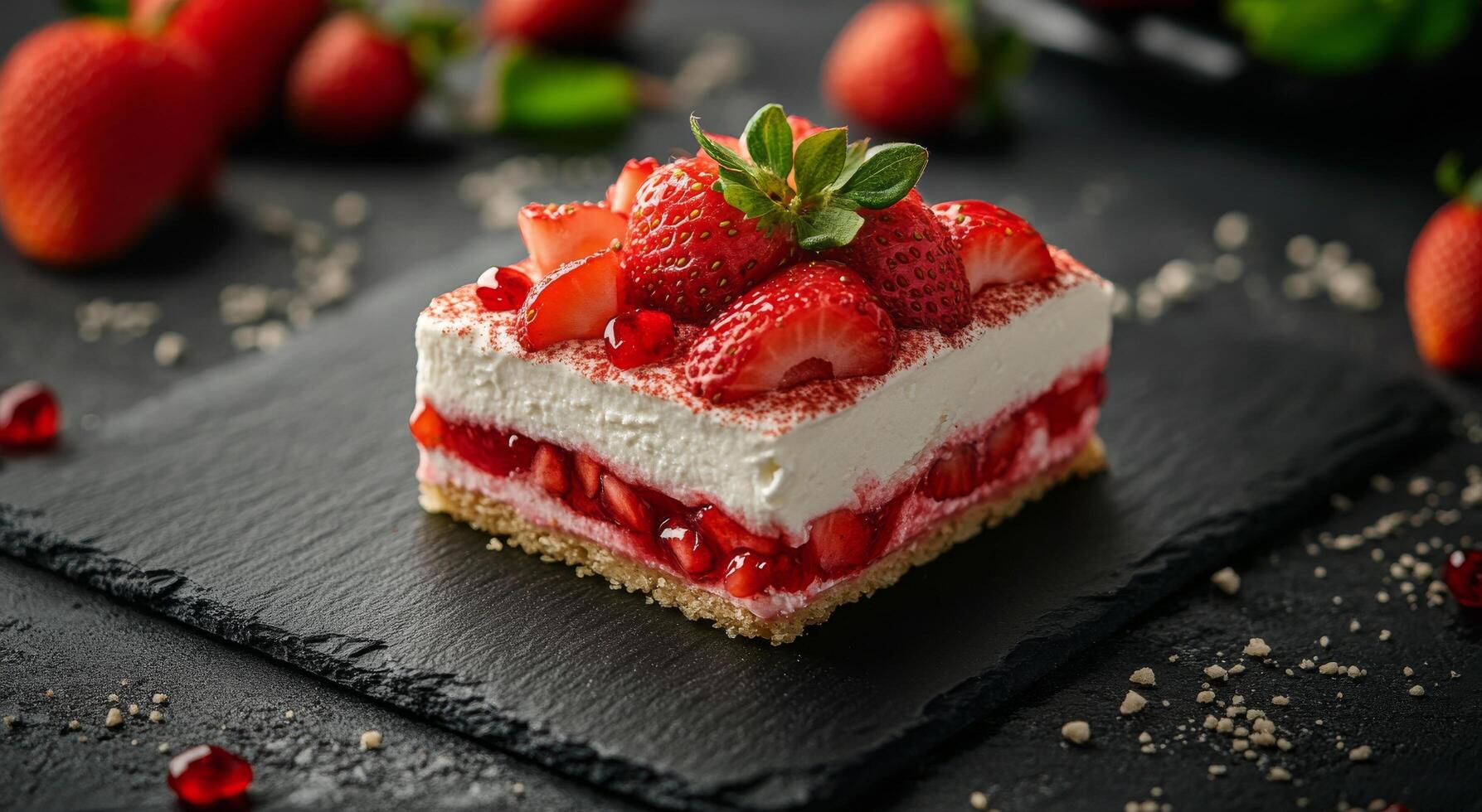 Delicious layered strawberry dessert served on a slate platter with fresh berries and icing sugar photo