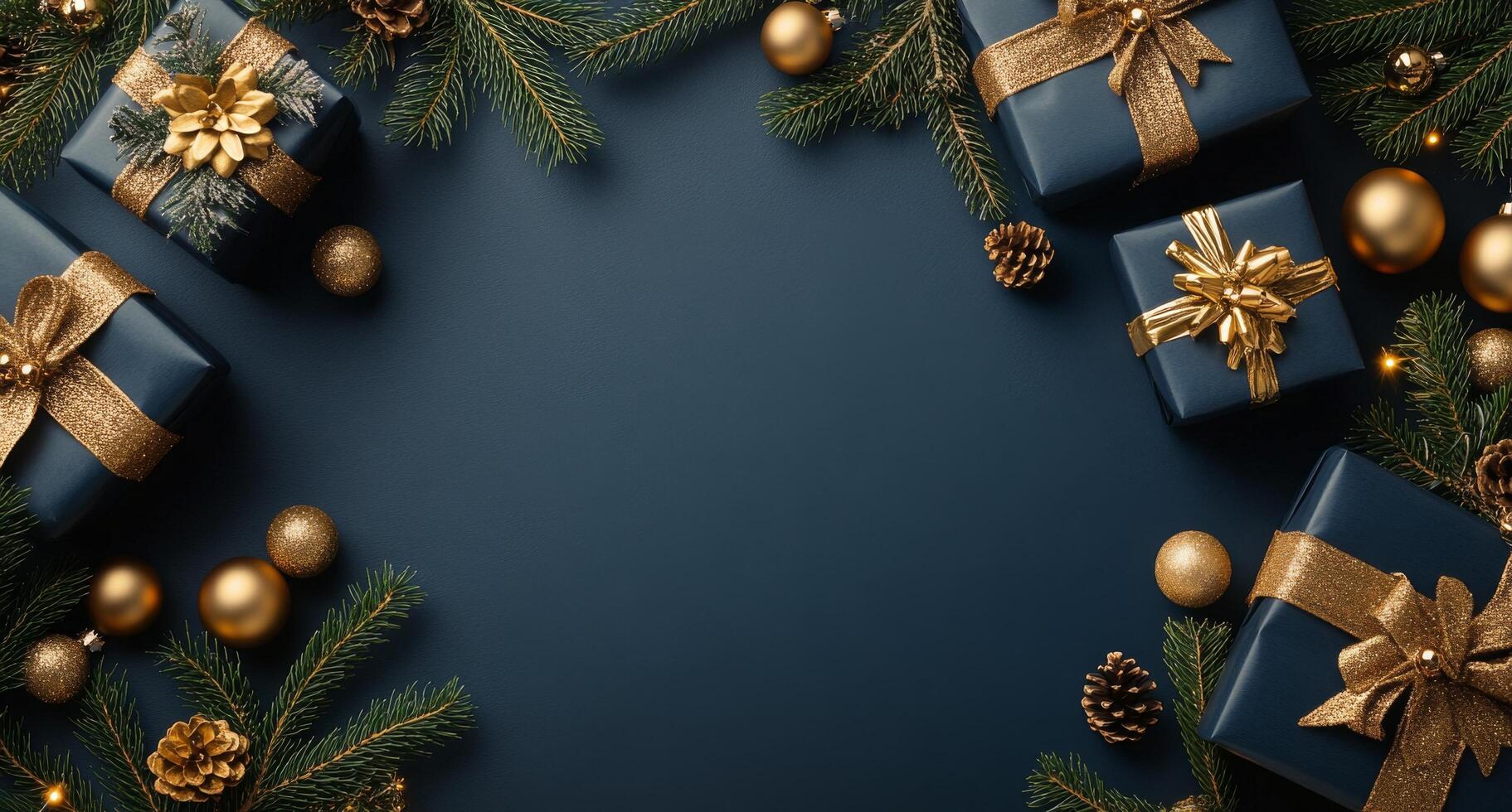 Elegant gift boxes wrapped in golden ribbons arranged with festive decorations for celebration photo