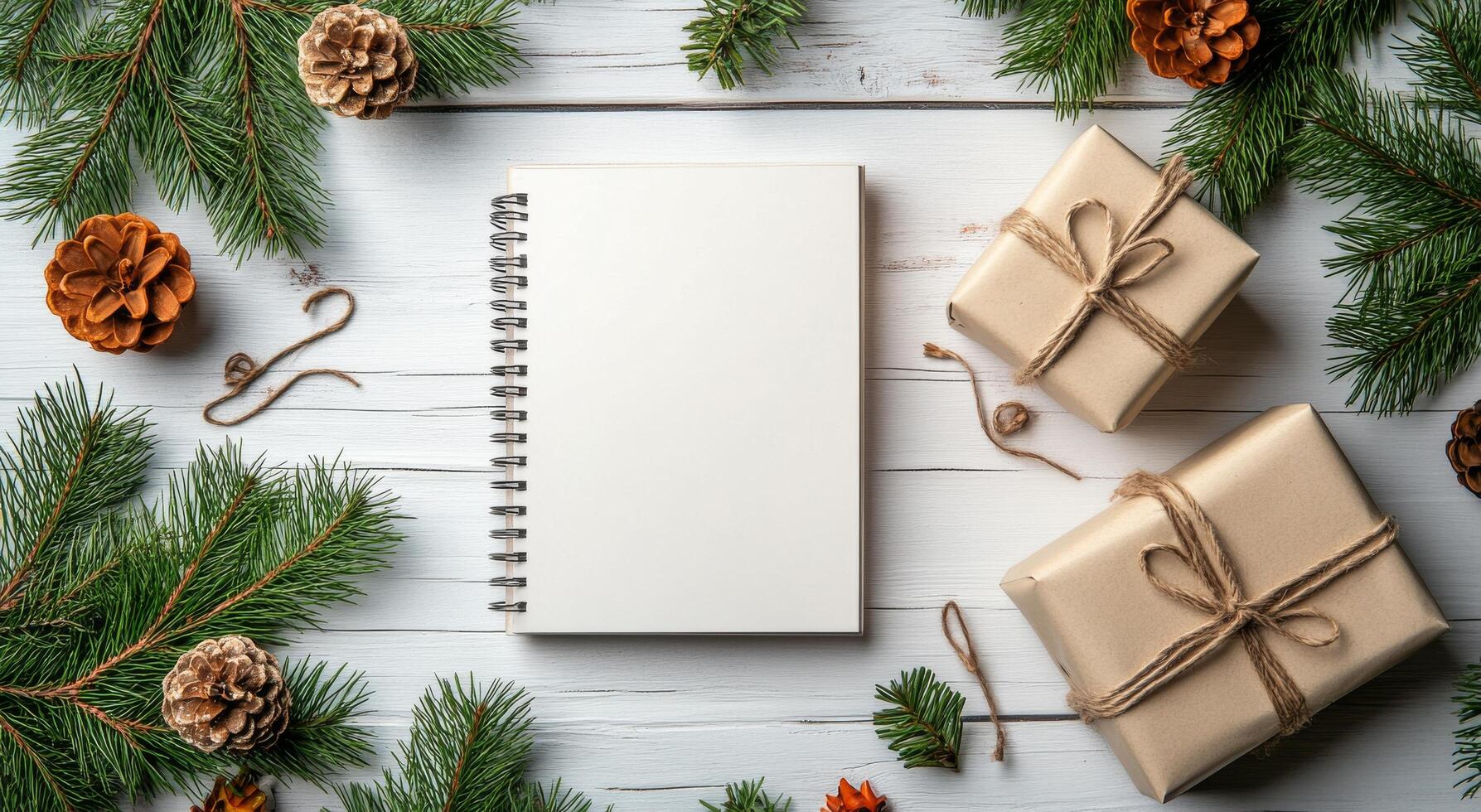Cozy holiday setting with blank notebook, red gift boxes, and pine branches on wooden table photo