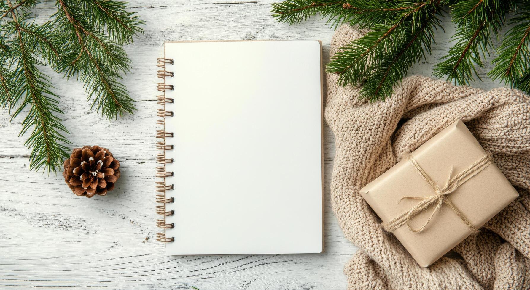 Cozy holiday setting with blank notebook, red gift boxes, and pine branches on wooden table photo